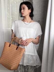 FRIFUL Áo thun nữ mùa hè màu trơn cổ tròn cánh dơi tay ngắn dáng rộng có viền xù - trắng - Xem 6