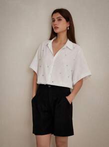 Aveloria Modichic Exquisite White Net Diamond Studded Loose Short Sleeve Shirt For Commuting Fall Cloth For Women - White - View 6