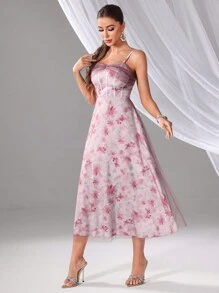 SHEIN Belle Floral Allover Print Mesh Splice Women's Evening Dress With Spaghetti Strap - Pink - View 1