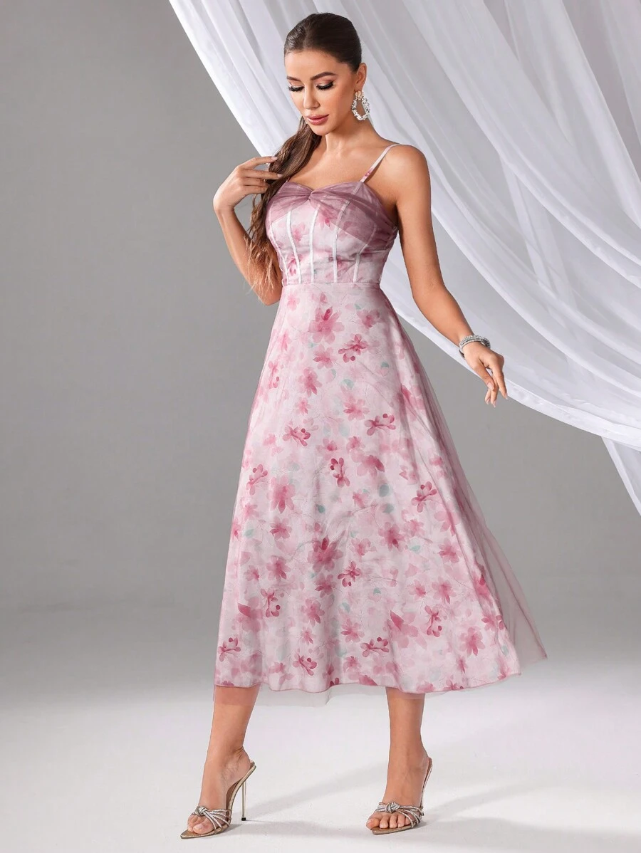 SHEIN Belle Floral Allover Print Mesh Splice Women's Evening Dress With Spaghetti Strap - Pink - View 1