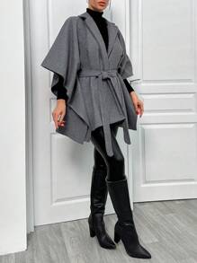 EURMUSE Ladies' Solid Color Minimalist Style Woolen Belted Coat For Daily Wear - Grey - View 4