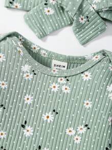 SHEIN 女婴花朵印花圆领长袖连体衣和裤子休闲套装 - 綠色 - 查看 5