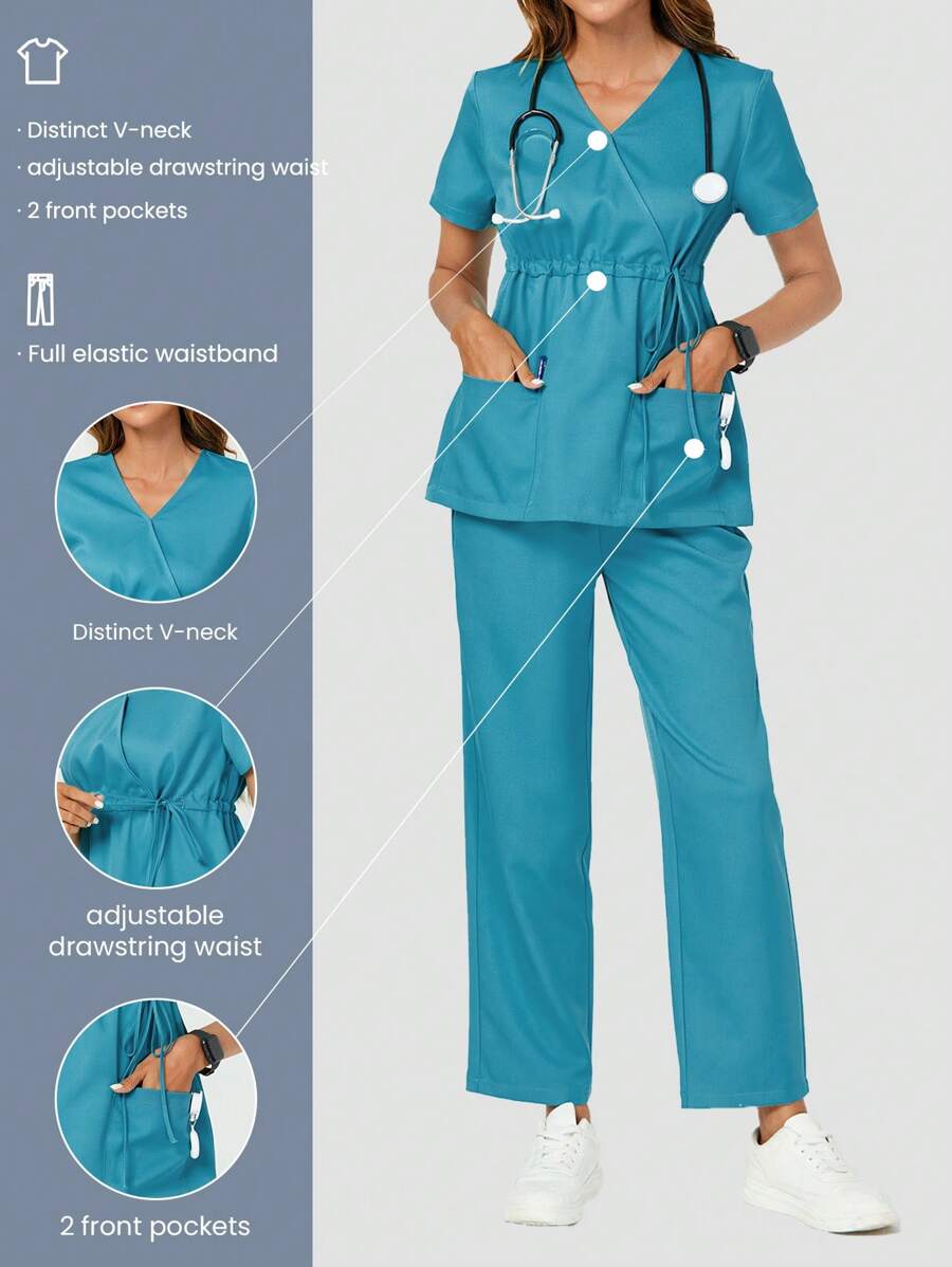 TaskEZ 帶口袋和褲子的束口V領純色短袖上衣組套裝 - 藍色 - 查看 1