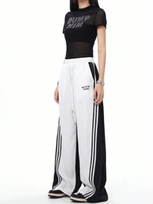 SHEIN Coolane 女士街头运动休闲装 返校运动装 休闲撞色条纹纹理装饰系带裤 - 黑與白 - 查看 6