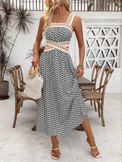 Breezaya Holiday Casual Print Patchwork Woven Belt Hollow