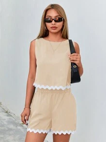 SHEIN Essnce Conjunto de chaleco y pantalones cortos con adorno de borde de concha en bloque de color en 2 piezas #Pascua - Albaricoque - Ver 6