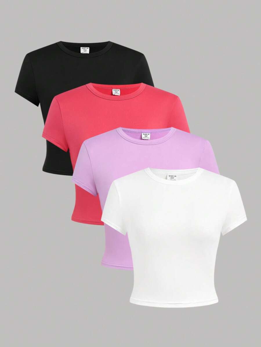 SHEIN 4 件装少女针织纯色短袖休闲 T 恤套装 - 玫紅色 - 查看 1