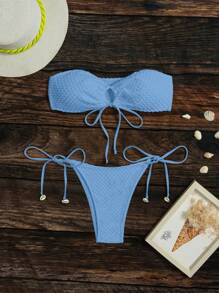 Women's Summer Beach Solid Color Strapless Hollow-Out Bandeau Bikini Set - Baby Blue - View 4