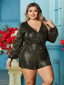Double Crazy Plus Overlap Collar Lantern Sleeve Belted Sequin Romper - Black - View 5