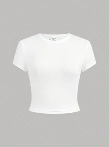 SHEIN 4 件装少女针织纯色短袖休闲 T 恤套装 - 玫紅色 - 查看 7