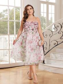 SHEIN Belle Elegant & Romantic Plus Size Floral Printed Organza Camisole Party Dress - Pink - View 3