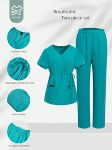 TaskEZ 帶口袋和褲子的束口V領純色短袖上衣組套裝 - 藍色 - 查看 8