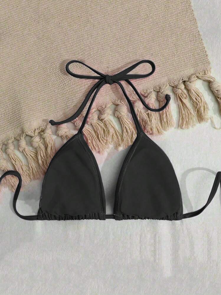 Swim SXY 女士夏季海滩度假简约纯色露背系带比基尼上衣 - 黑色 - 查看 8