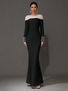 Modphy New Black Long Sleeve Mesh Pearl Inset Sexy Mermaid Maxi Bandage Dress, Formal Evening Gown For Party/Banquet, Wedding Guest Dress - Black - View 4