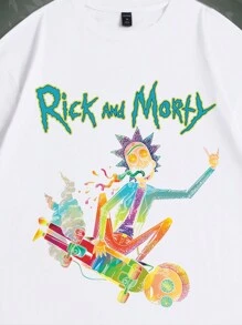 ROMWE MEN Rick and Morty | ROMWE 男士休闲运动卡通人物字母印花短袖 T 恤和抽绳腰短裤套装，夏季，学校