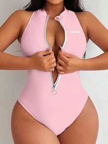 SHEIN Swim Women's One-Piece SUNNER Summer Swimsuit - Pink - View 1