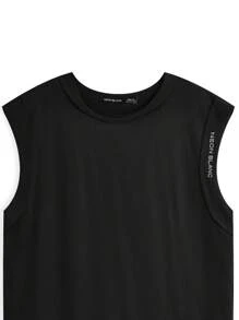 Manfinity VCAY Schwarz gestricktes dekonstruiertes Oversized Herren Tank Top ohne Ärmel mit rundem Kragen und Slogan, aus reiner Baumwolle hergestellt und durch Hochfrequenz-Verfahren bearbeitet. Geeignet für den täglichen Gebrauch in der Frühlings- /Sommer Saison.