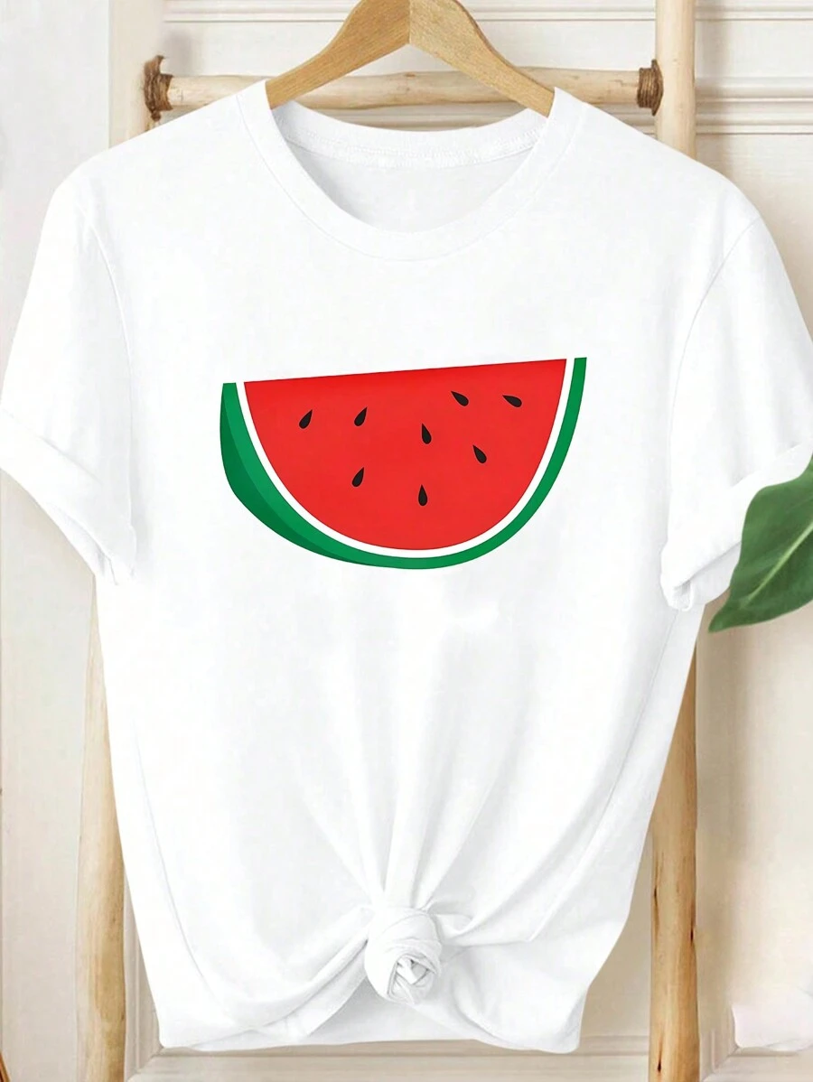 SHEIN Essnce Women's Summer Watermelon Print Round Neck Casual Short Sleeve T-Shirt - White - View 1