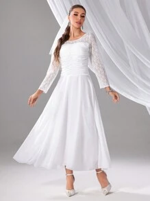 SHEIN Belle Ladies' Simple & Elegant Solid Color Lace Decorated Wedding Dress - White - View 6