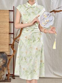 Modelyn Váy sườn xám phong cách Trung Hoa thanh lịch dành cho nữ có tay áo cài nút in hoa, sườn xám/sườn xám hiện đại cải tiến - màu xanh lá - Xem 5