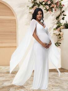 Maternity Chiffon Flowy Sleeve Dress With Trailing Hem, Suitable For Baby Shower And Maternity Photoshoot - White - View 6