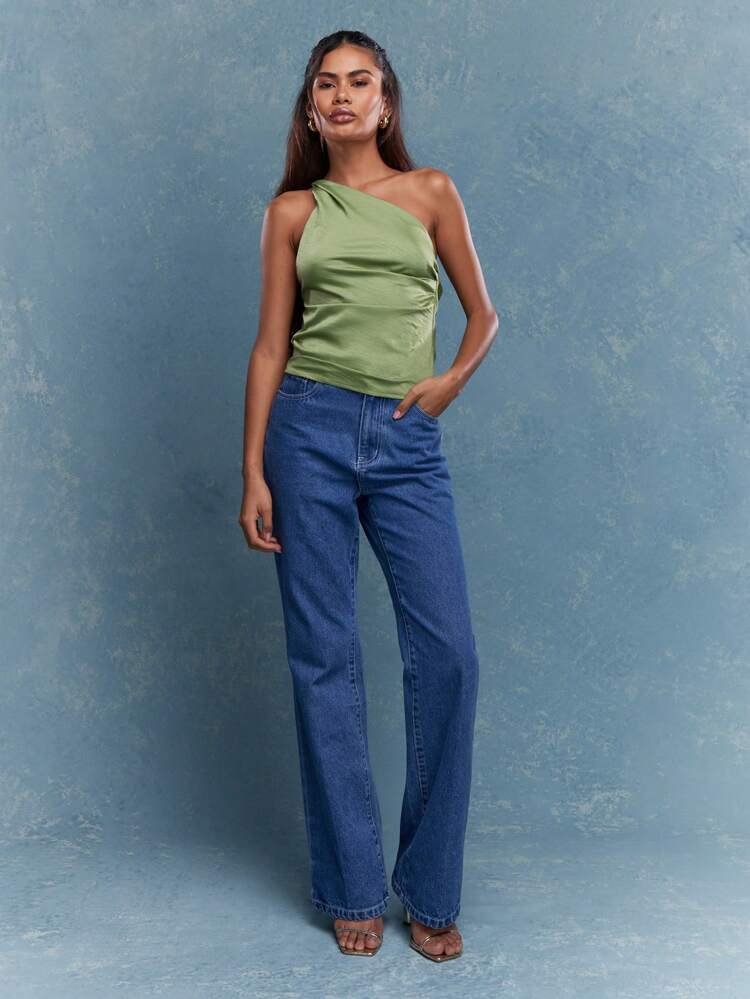 MISSGUIDED Elegant One Shoulder Draped Top St Patricks Day Party Wear Lucky Charm Irish Holiday Celebration Sleeveless Ruched Evening Casual Blouse Christmas
