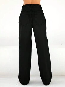 (可用棉)女性復古寬鬆直筒牛仔長褲staked Jeans - 黑色 - 查看 2