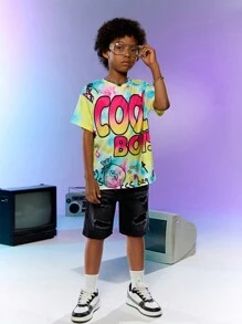 SHEIN Explorewe 1入組青少年男童短袖圓領渲染大圖案休閒夏季T恤 - 彩色 - 查看 6