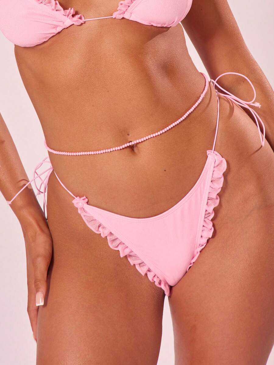 Musera Resort Frill Front Tie Side Bikini Bottoms Only For Summer Beach Ibiza BeachwearHoliday Spring - Pink - View 1