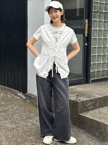 FRIFUL Blusa de manga corta con lazo en la parte delantera, de unicolor y sencillo para uso diario, con volantes