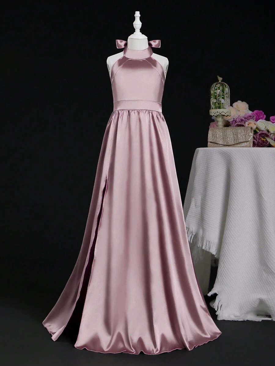 SHEIN Tween Girl Satin High Slit Halter Formal Dress, Perfect For ...