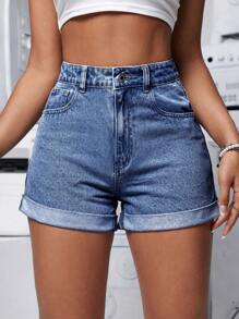 SHEIN PETITE Women's Simple Frayed Edge Casual Denim Shorts - Dark Wash - View 2