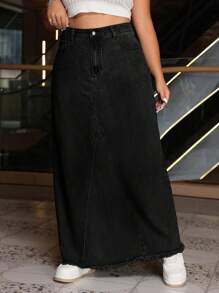 SHEIN ICON Plus Size Women's Simple Solid Color Denim Skirt For Daily Wear - Black - View 3