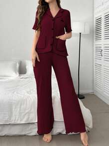 Cherry Embroidery Contrast Trim Short Sleeve Top And Pants Women's Pajama Set Lounge Set