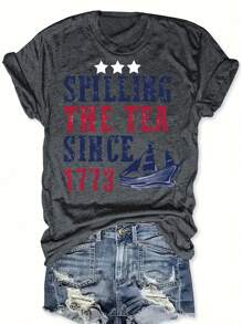 SHEIN LUNE Plus Size Colorful Letters With Star Print Simple English Letters Sailing Print Loose Simple T-Shirt Comfort SPILLING THE TEA SINCE 1773 - Dark Grey - View 1