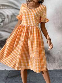 SHEIN LUNE Summer Fashionable & Casual Comfortable Loose-Fit Orange Plaid Women's Dress