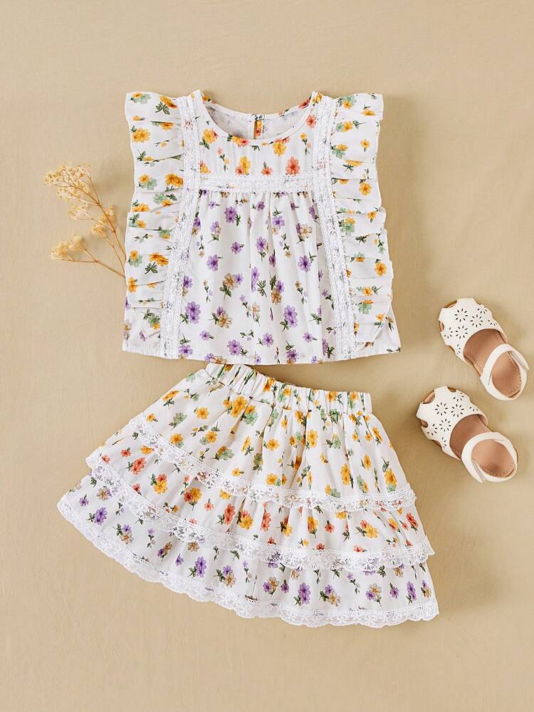Little Girls' Spring/Summer Floral Patchwork Lace Shirt & Layered Skirt With Lace Trim Set