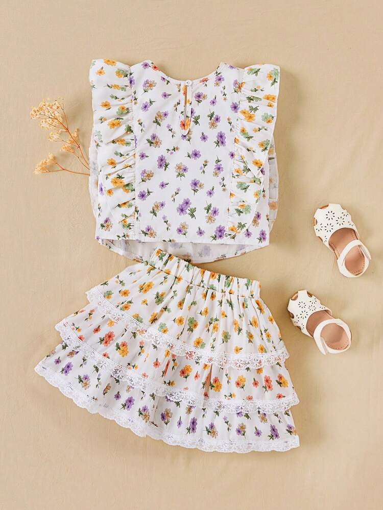 Little Girls' Spring/Summer Floral Patchwork Lace Shirt & Layered Skirt With Lace Trim Set