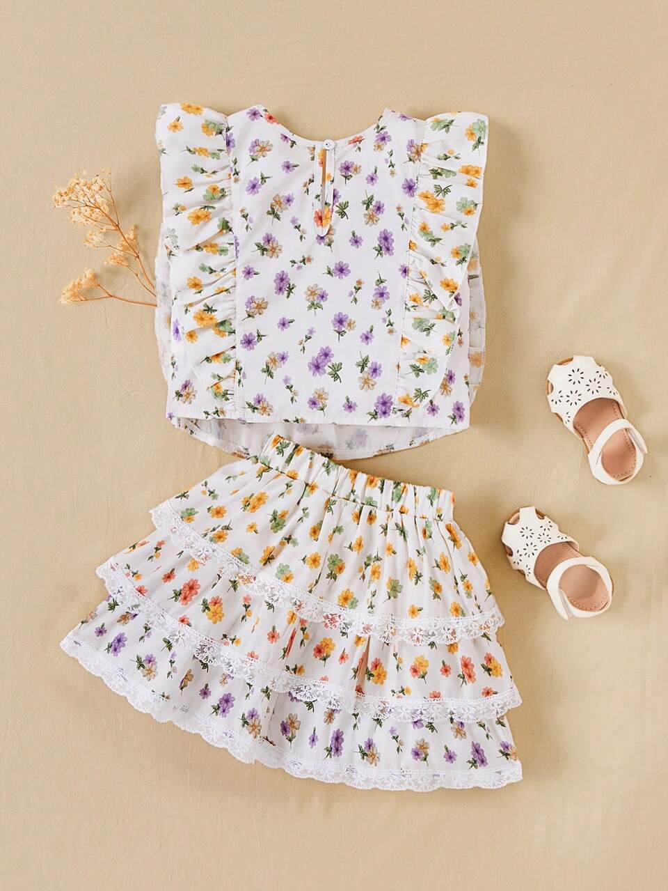 Young Girl Spring/Summer Floral Patchwork Lace Shirt & Layered Skirt With Lace Trim Set