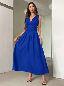 SHEIN Privé 女士法式風格高腰褶皺長裙，無袖V領2024新款 - 寶藍色 - 查看 5