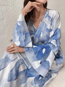 Yasmyna 女式 V 领花卉印花优雅长袖朴素连衣裙，超长朴素连衣裙，适合春夏时尚 - 彩色 - 查看 3