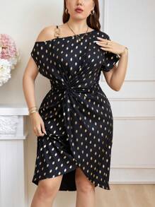 SHEIN Clasi Plus Size Women's Oblique-Shoulder Printed Simple Everyday Dress - Black - View 3