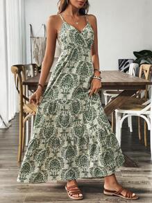 Breezaya 女式民族风花卉印花细肩带交叉腰宽松及膝连衣裙长款女装