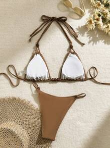 SHEIN Swim Women Solid Color Halter Bra & Bikini Bottom Sexy Bikini Set Bathing Suit For Holiday Summer - Coffee Brown - View 2