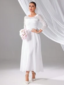 SHEIN Belle Ladies' Simple & Elegant Solid Color Lace Decorated Wedding Dress - White - View 3