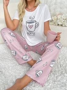 SweetSlumber Conjunto de pijama de patrón de taza de café con corazón para mujer - Rosa - Ver 1