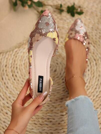 2025 Autumn Fashion Sequin Women's Pointed Toe Slip-On Low Vamp Flat Shoes, Comfortable Breathable Hollow Out Shoes For Work, Party, Wedding, Gift