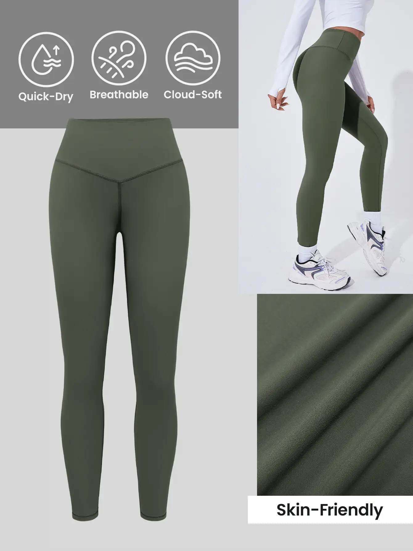 Slayform Gym Tights Absorbs Sweat Quick-Drying High Stretch Tummy Control Yoga Leggings - Army Green - View 3