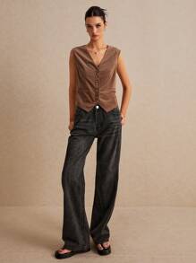 Poéselle 女士棕色 V 领单排扣无袖西装外套，棕色灯芯绒无袖西装外套，棕色背心，女士西装外套，秋季服装，休闲基本款，复古风，轻松时尚必备单品 - 摩卡棕 - 查看 4