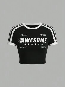 SHEIN EZwear Women's Back To School Contrast Trim Italy City Landmark Printed Y2K Crop Tight-Fitting T-Shirt